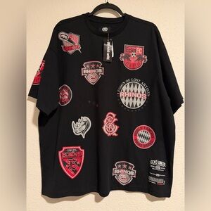 Ecko Unlimited Black Short Sleeve Tee with Red and White Patch Graphics